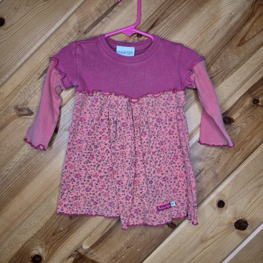 Naartjie Girls Knit Long Sleeve Fuschia Pink Dress Cotton Floral 12-18 Months
